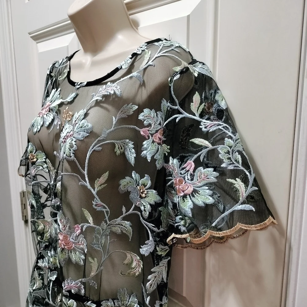 LuLaRoe Deanne II Sheer Embroidered Floral Maxi Dress Black Pink Blue 2XL Plus - Picture 6 of 10